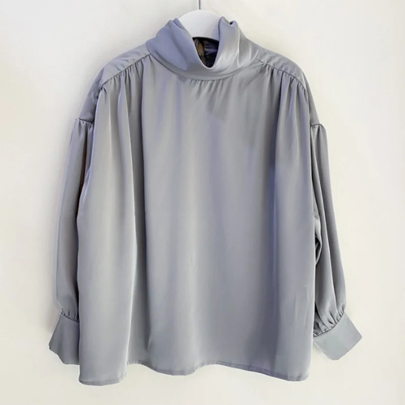 

ZCSMLL Half High Neck Gloss Solid Color Tops Loose Lantern Sleeve Shirt Blouse Women Korean Fashion 2021 Spring Summer