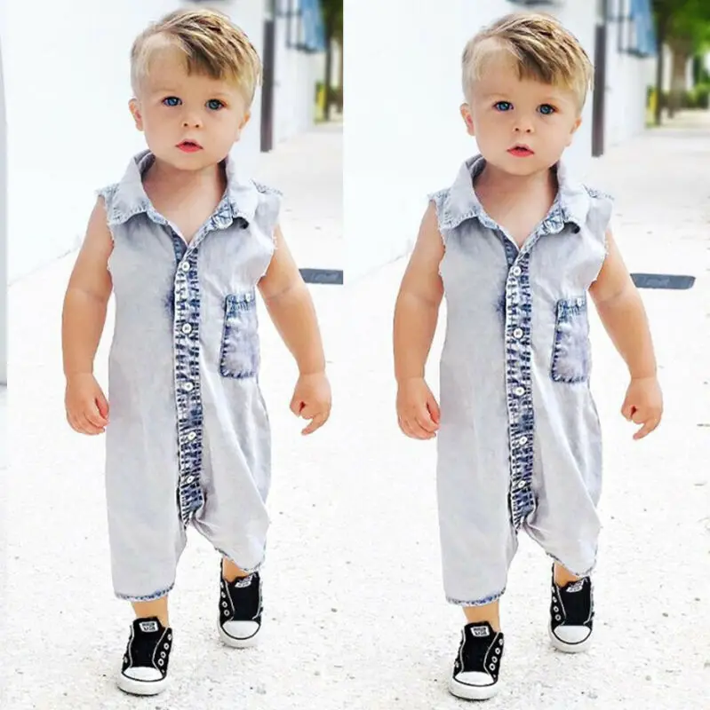 Summer Denim Newborn Baby Boys Sleeveless Romper Infant Toddler Kids Boy Jumpsuit Single Breasted Outfits 0-24M Clothes |