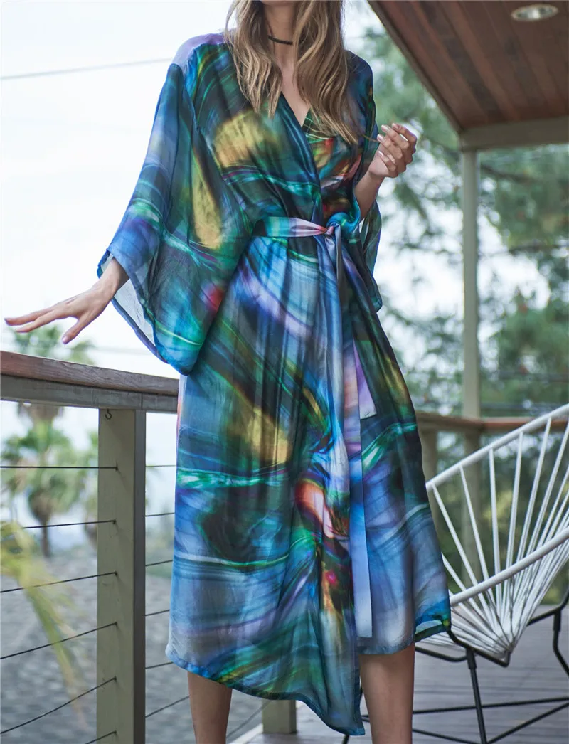 2021 быстросохнущие зеленого цвета в богемном стиле кимоно с принтом платье