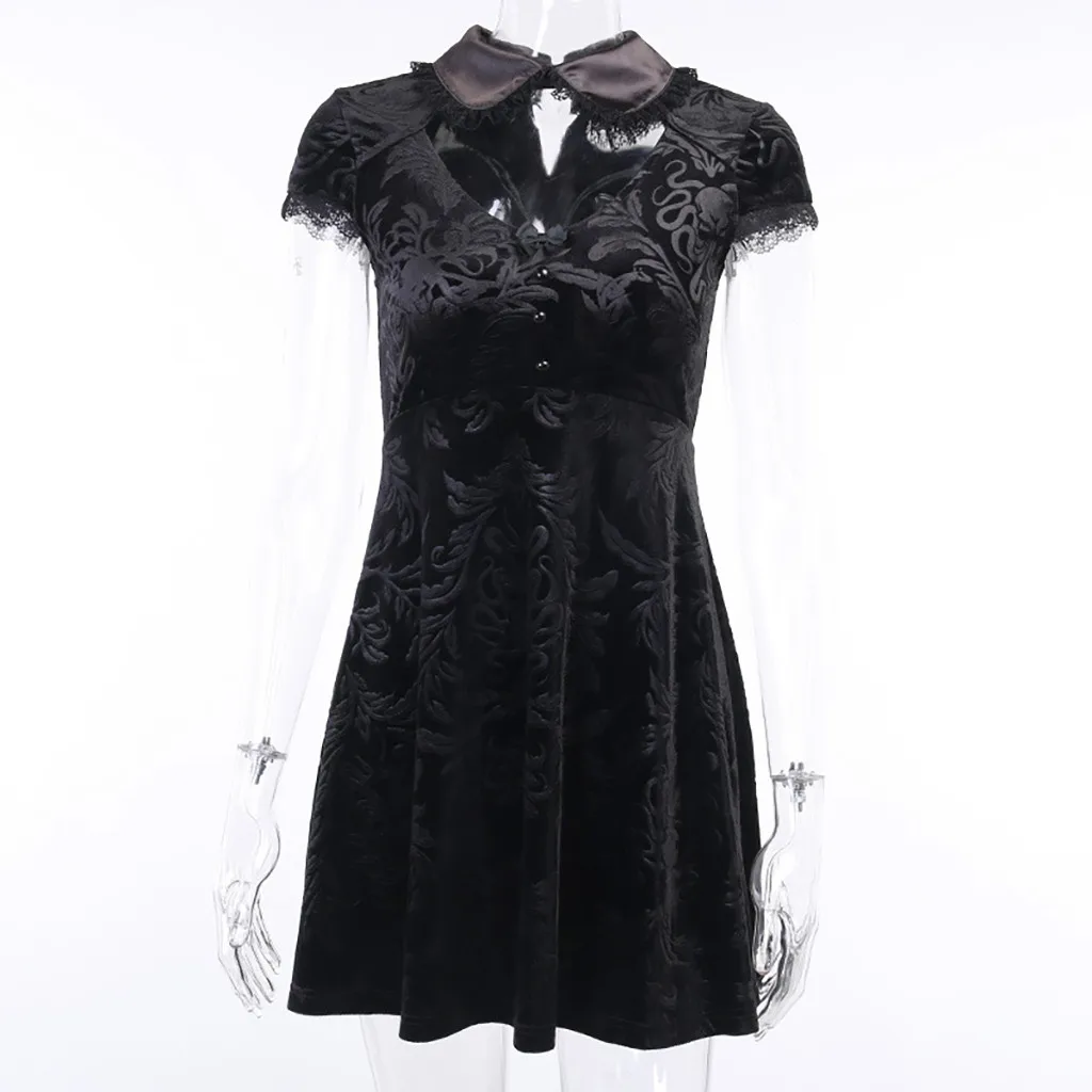 

Women Dress Peter Pan Collar Punk Lace Button Gothic Short Sleeve Dress Harajuku Solid Color Cool Girl Mini Dress Tennis Dress