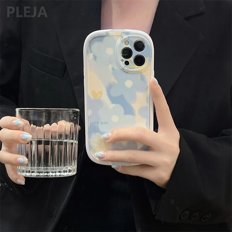 

Invisible Wristband Bracket Phone Case Cute Painting Blue Flowers For iPhone 13 12 11 Pro Max Silicone Protection Holder Cover