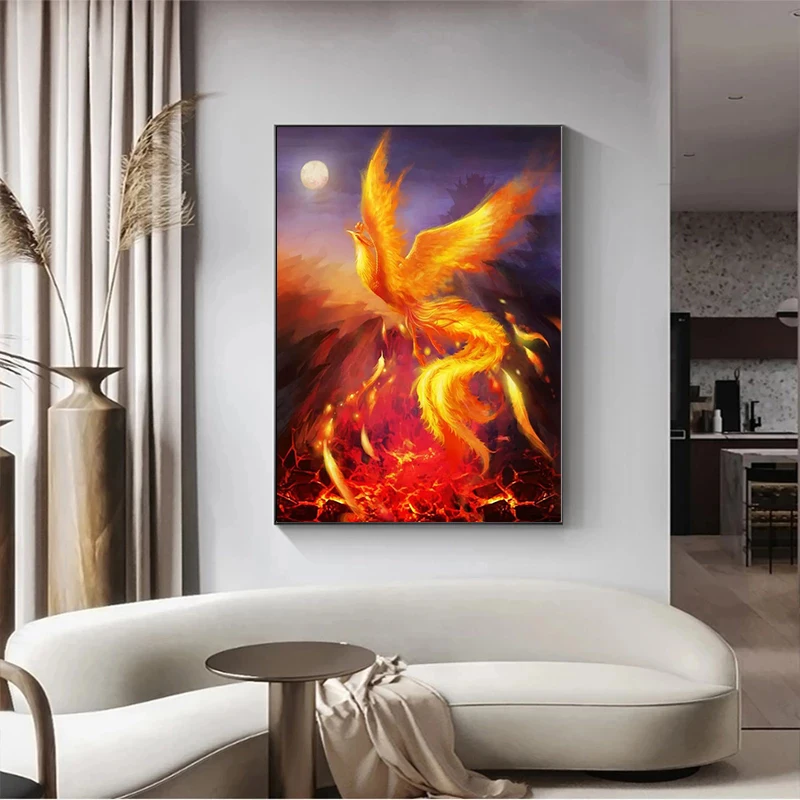 Плакат на холсте с изображением Луны красного желтого оранжевого Феникса огня