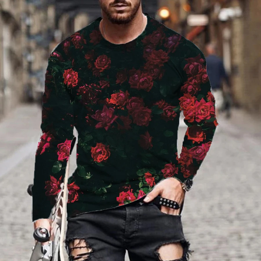 

2021 spring and autumn new 3D printing men's T-shirts, personalized fashion, new floral pattern printing series, long-sleeved