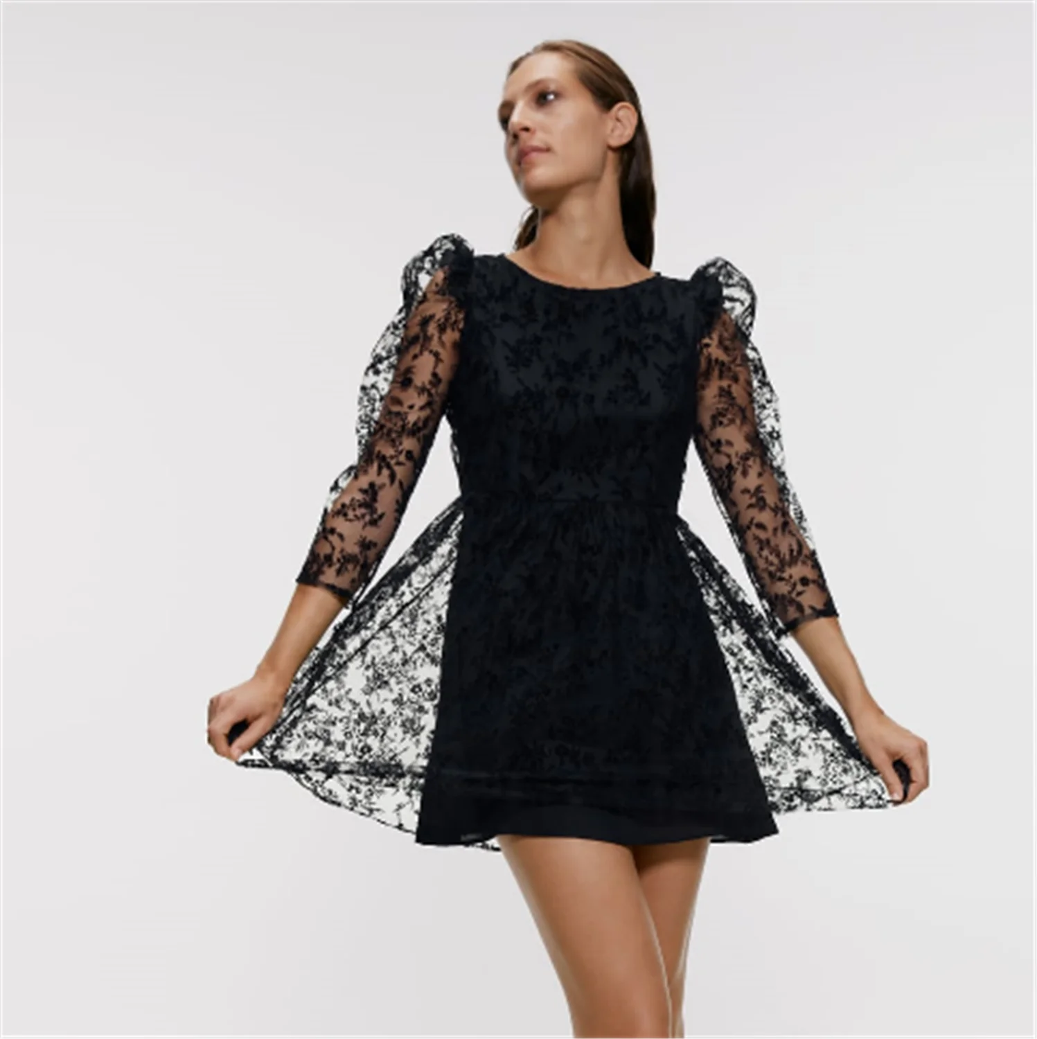 Женское платье с цветочным принтом ZA Сетчатое в богемном стиле круглым вырезом и