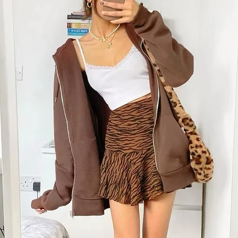 2021 Women Brown Y2K Aesthetic Hoodies Women Vintage Zip Up Sweatshirt Autumn Jacket Clothes Pockets Long Sleeve Hooded Pullover