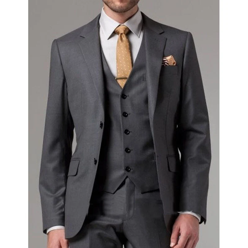

Темно-серые облегающие мужские костюмы из 3 предметов, деловые смокинги для жениха на свадьбу, Мужская модная куртка с отложным воротником и...