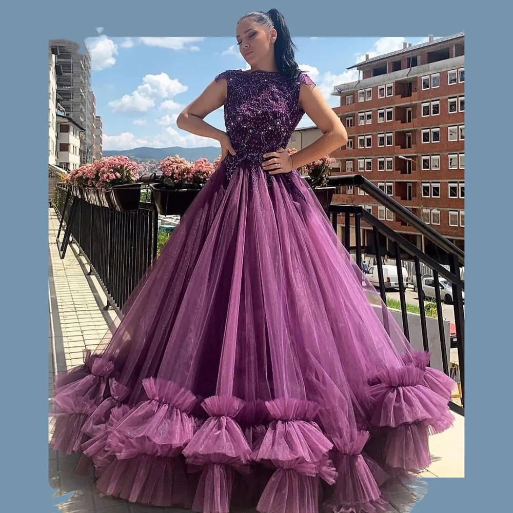 

Evening Dresses With Sleeveless Long A Line 2021 For Women Purple Ruffle Formal Prom Party Night Gowns Plus Size