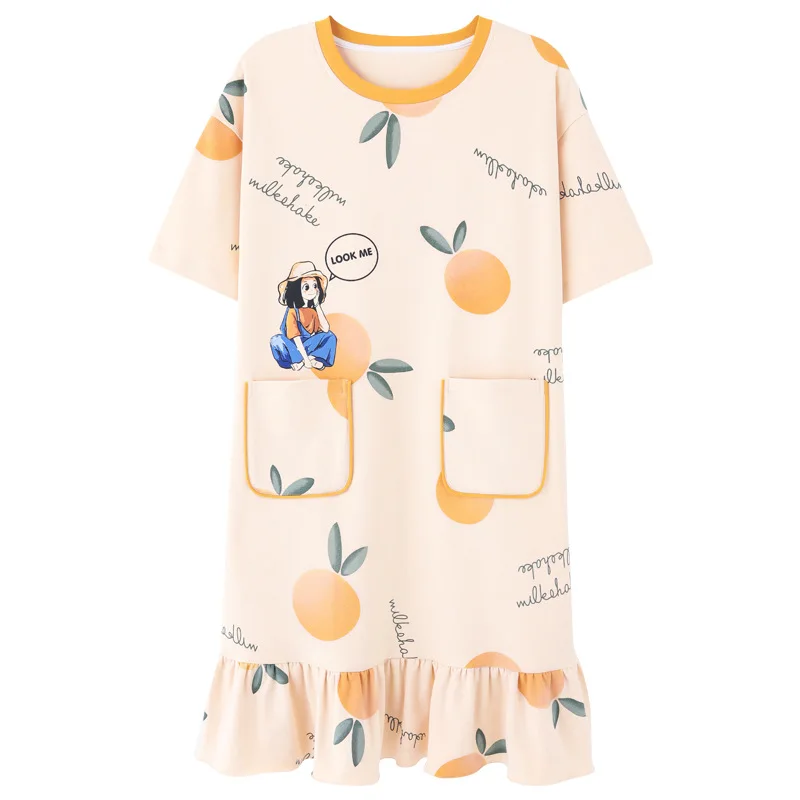 

Sleeping skirt female summer student cute cartoon medium long skirt thin cotton pajamas can be worn outside large size for pregn