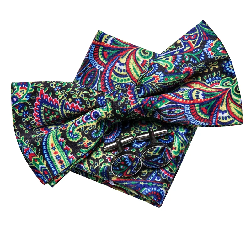 

LH-510 Hi-Tie Classic Men's Wedding Party Bow ties for Men 100% Silk Bowtie Pocket Square Cufflinks Set Floral Green BowTie set