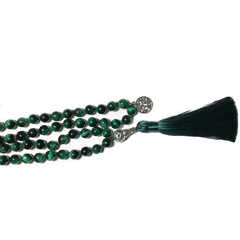 

8mm Natural Green Tiger Eye Knotted Beaded 108 Japamala Necklace Meditation Yoga Blessing Jewelry with Tree of Life Pendant