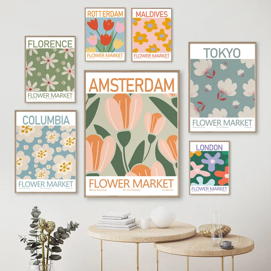 

Abstract Flower Market Tokyo London Paris Wall Art Canvas Painting Nordic Posters And Prints Wall Pictures For Living Room Decor