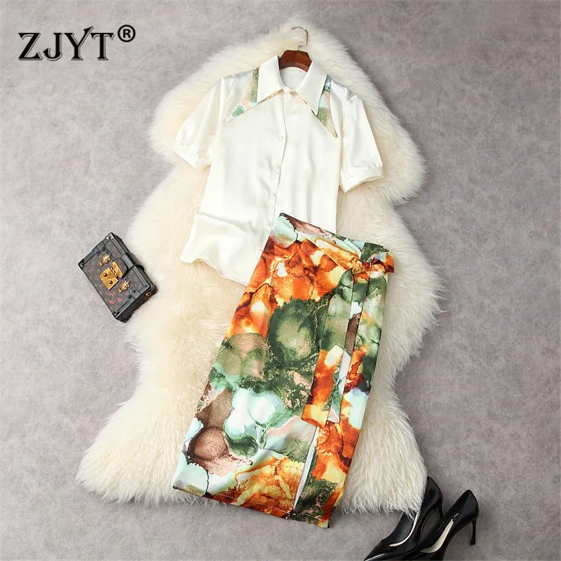 

Fashion Designers Summer Women's Clothing 2021 Lapel Loose Shirt and Print Pencil Skirt 2 Piece Suit Set Office Lady Outfits