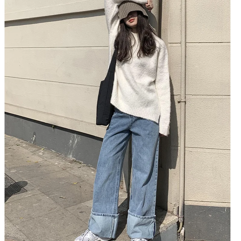 

Korean Style Women Jeans Autumn Spring Warm High Waist Fashion Casual Loose Temperament Vintage Female Straight Wide-leg Pants