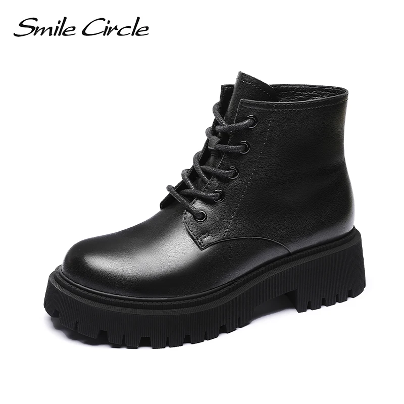 

Smile Circle Ankle Boots Women Genuine Leather Boots Platform shoes High heels Round head Casual Side zipper Ladies Booties