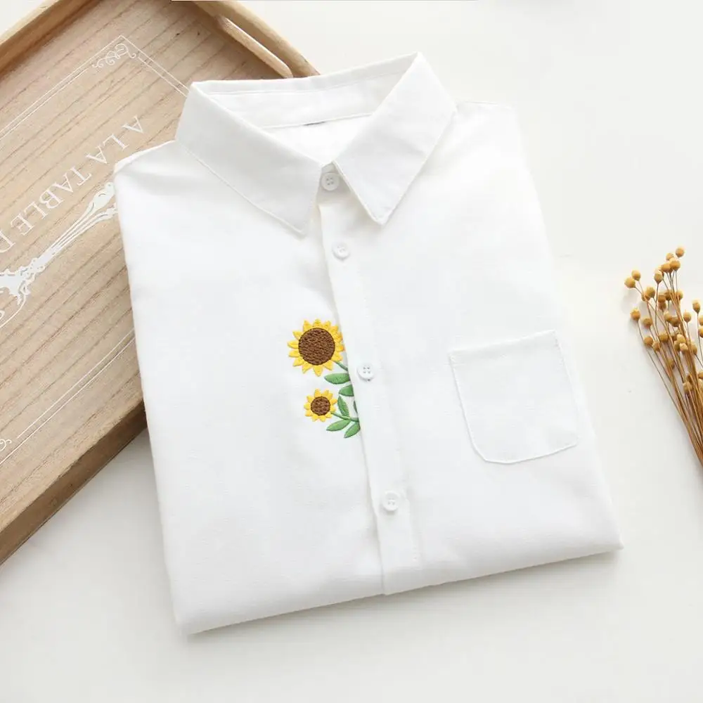 Sunflower White Top Новое поступление, милая белая рубашка с вышивкой подсолнуха Повседневная блуза с длинными рукавами и карманами и воротником-стойкой Feminina Blusa T99412F - Цвет: Sunflower White Top