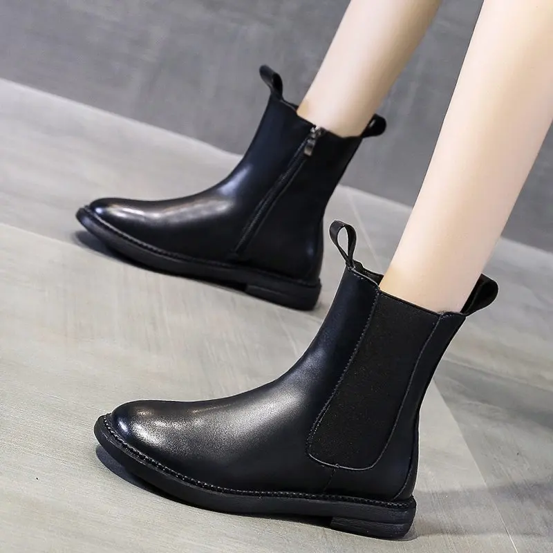 

Chelsea Boots Women Ankle Boots Elastic Band Round Toe Thick Sole Ladies Shoes Handmade