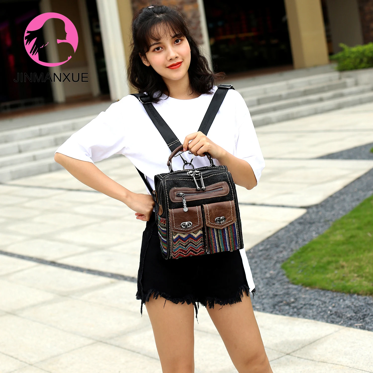

Retro Covered Front Pocket Wide Shoulder Strap Messenger Handbag Fashion All-Match Denim Backpack Female Travel Shoulder Bag