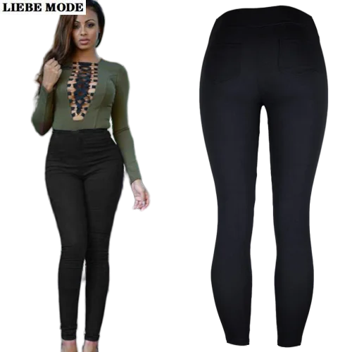 Womens Elastic Skinny Leggings with Pocket Black Pencil Pants Women High Waist Stretch Cotton Skinny Trousers Dark Blue Red Grey