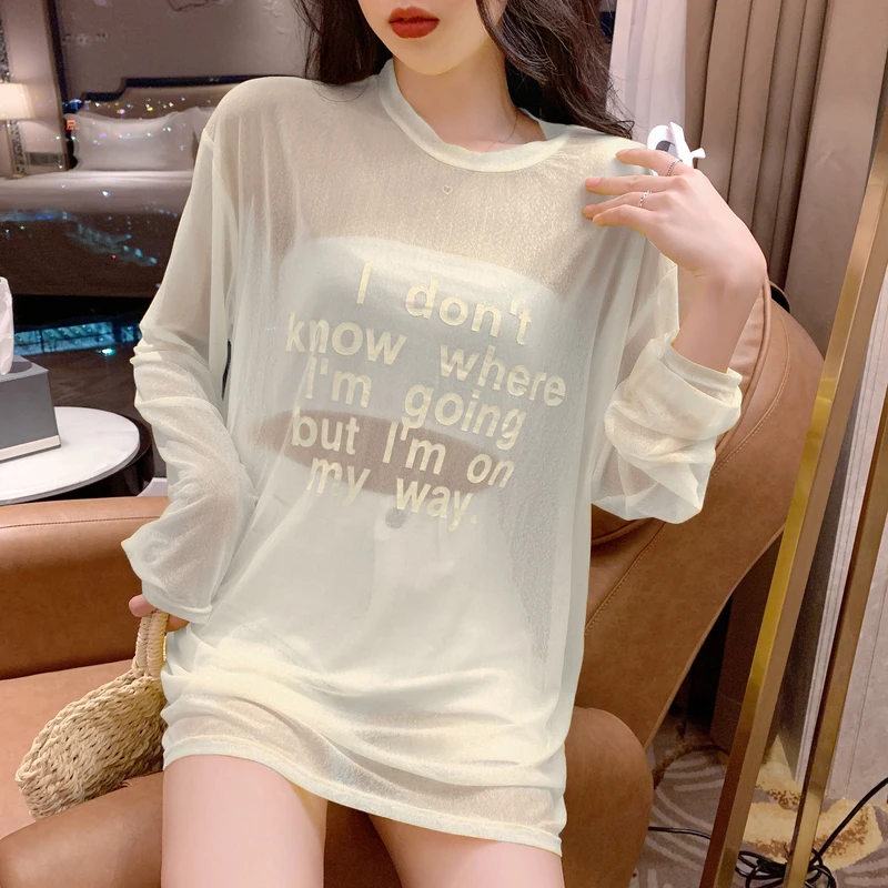 

Women's Clothing letter o-neck casual Spring and autumn style long sleeve shirt ladies Perspective vetement femme Sunscreen top