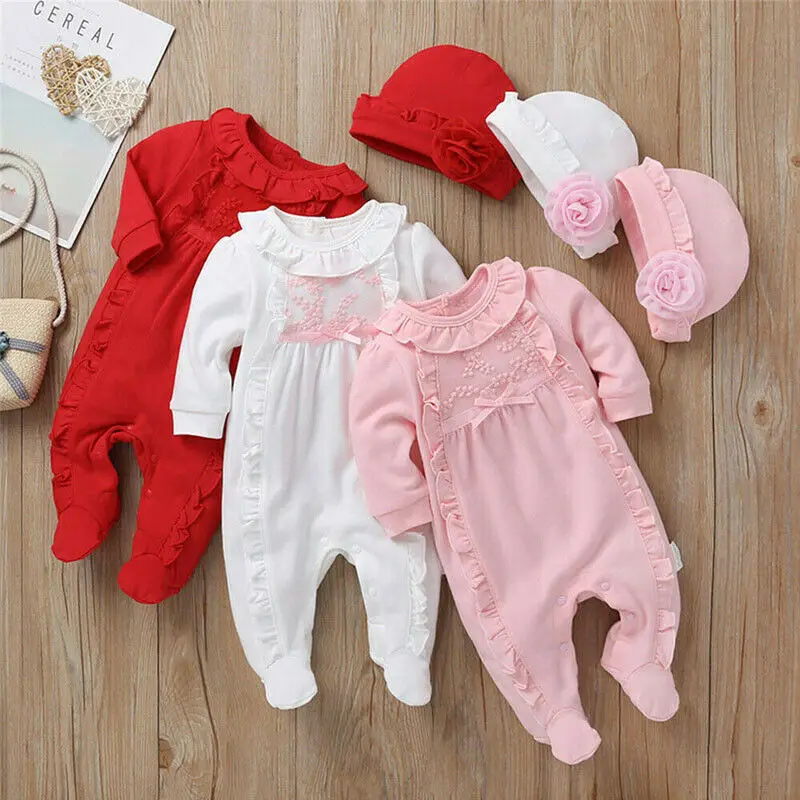 

Newborn Romper Infant Kids Baby Girl Cotton Soft Comfortable Long Sleeve Top Jumpsuit Hat 2pcs Outftis Set Casual Clothing 0-8M