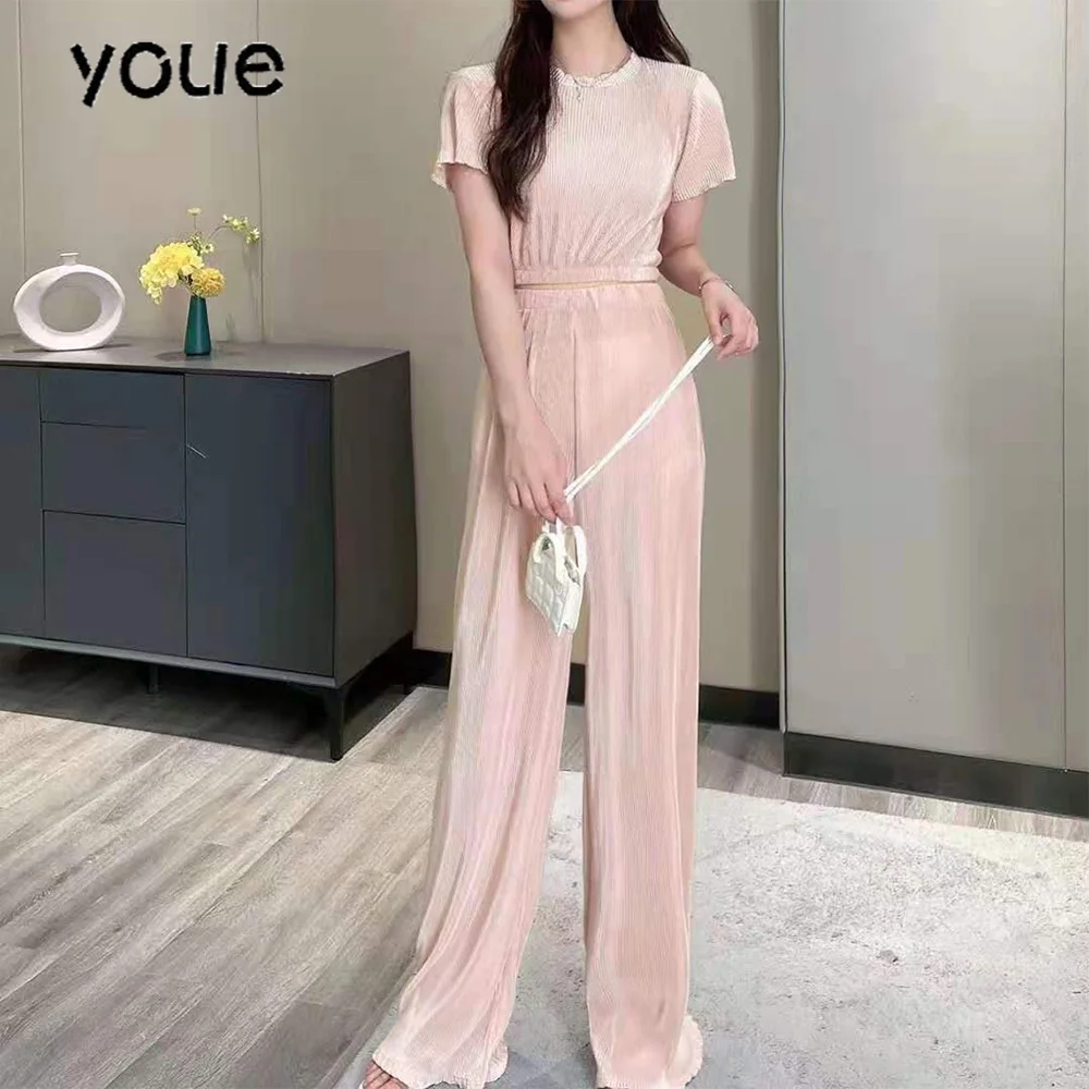 

2 Piece Sets Womens Basic wrinkle Crop Top High Waisted Casual Flare Pants Set 2021 new