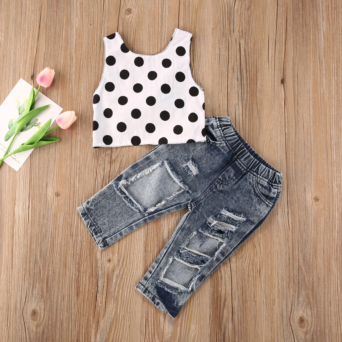 2020 Baby Summer Clothing Girl 2PCS Outfit Set Polka Dot Sleeveless Back Bow Top Solid Color Ruffle Short Pants Long Hollow Jean | Детская