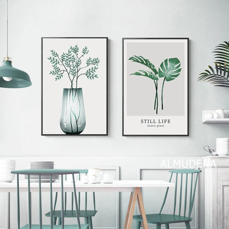 Постер с зелеными листьями акварельных растений настенная Картина на холсте