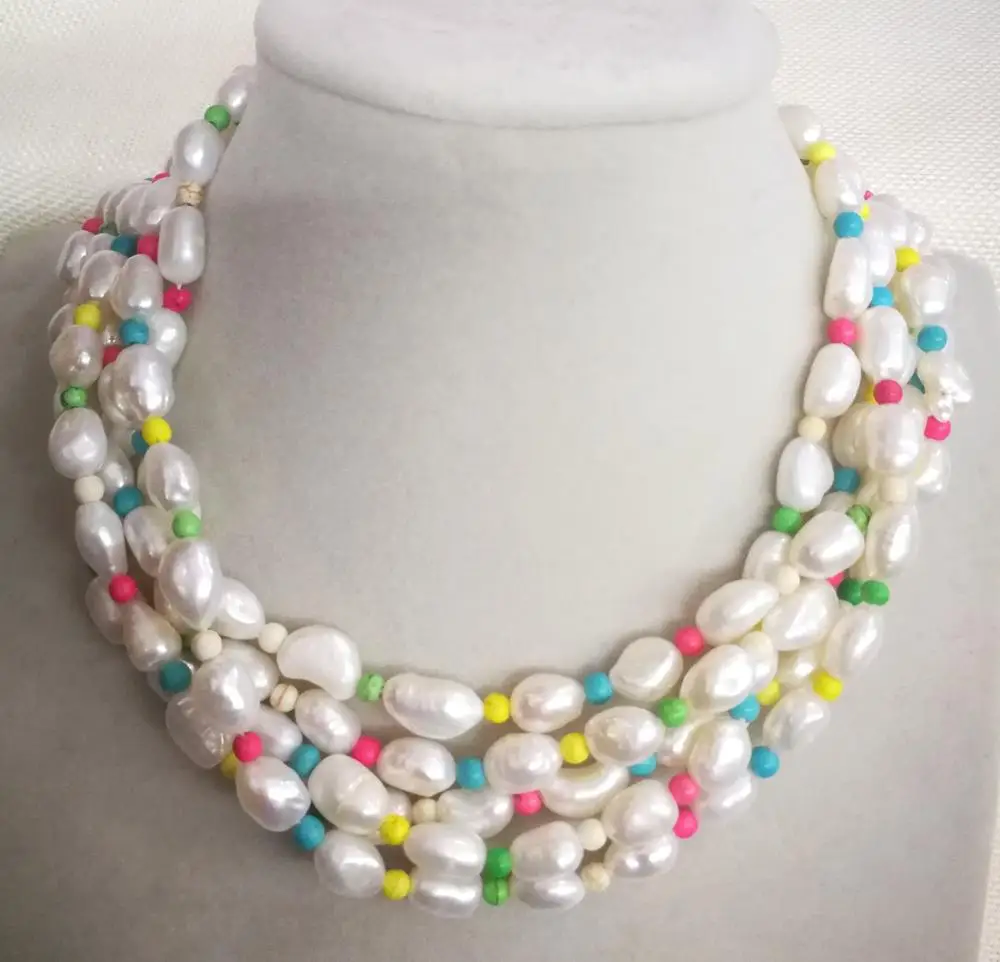 

5 Rows 10mm white baroque pearl colorful stone mixed choker necklace Natural freshwater pearl Women Jewelry 35-42cm 14-17''