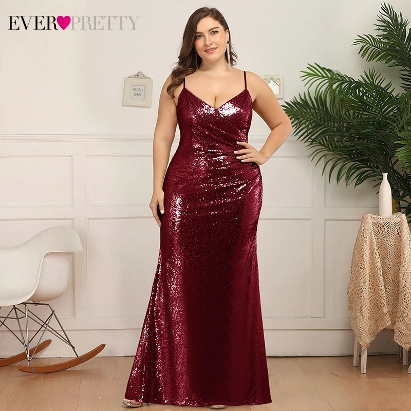 

Plus Size Sexy Prom Dresses Ever Pretty EP07339 Deep V-Neck Sequined Spaghetti Straps Ruched Mermaid Party Gown Vestidos De Gala