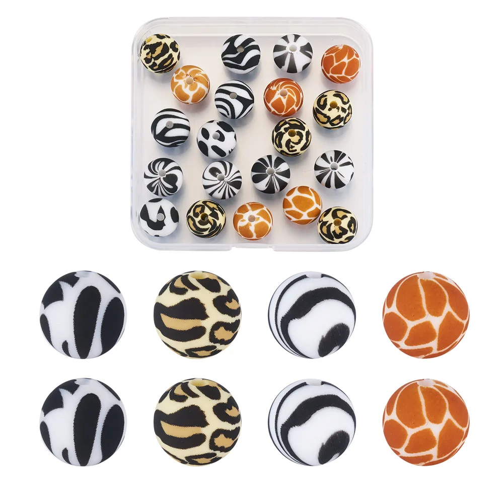 

20Pcs Silicone Beads Loose Spacer Beads Round Ball Zebra Leopard Print For DIY Jewelry Making Bracelet Necklace Accessories