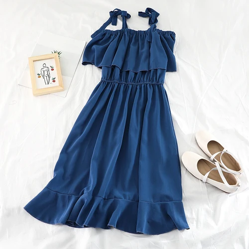 dark blue Wohreb элегантное шифоновое платье корейское Повседневное платье с вырезом лодочкой и открытыми плечами на тонких бретелях шикарное свободное женское платье 21586 - Цвет: dark blue