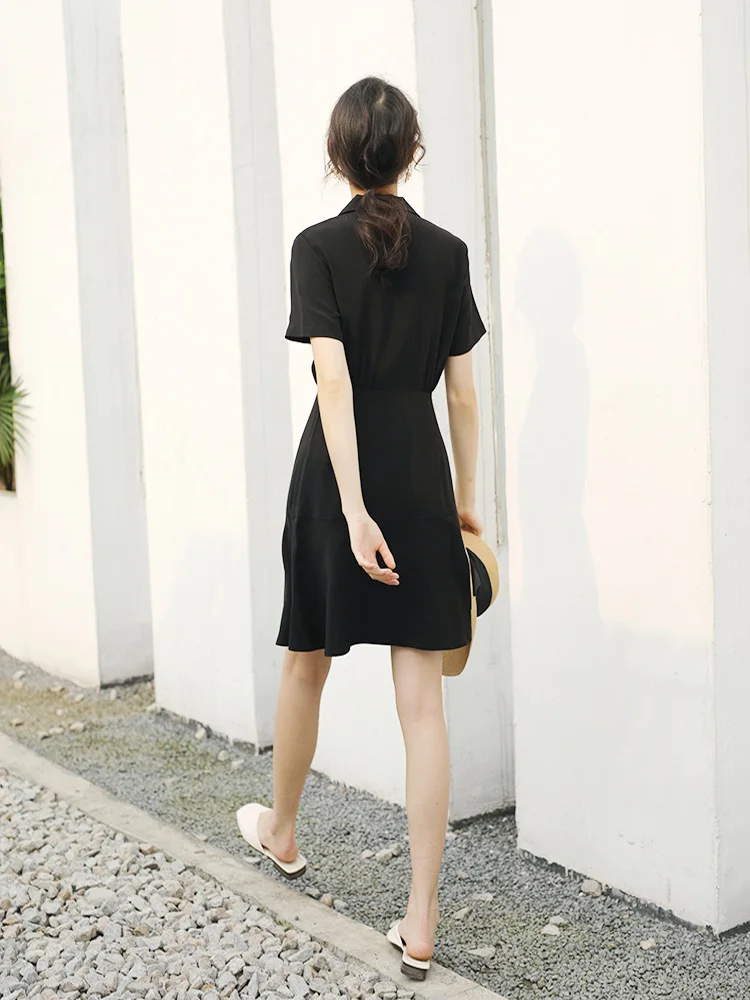 

2021 Ladies Office Suit Collar Dresses For Woman Long Summer Retro Waist V-neck French Occupation Little Black Dress Girl Siz