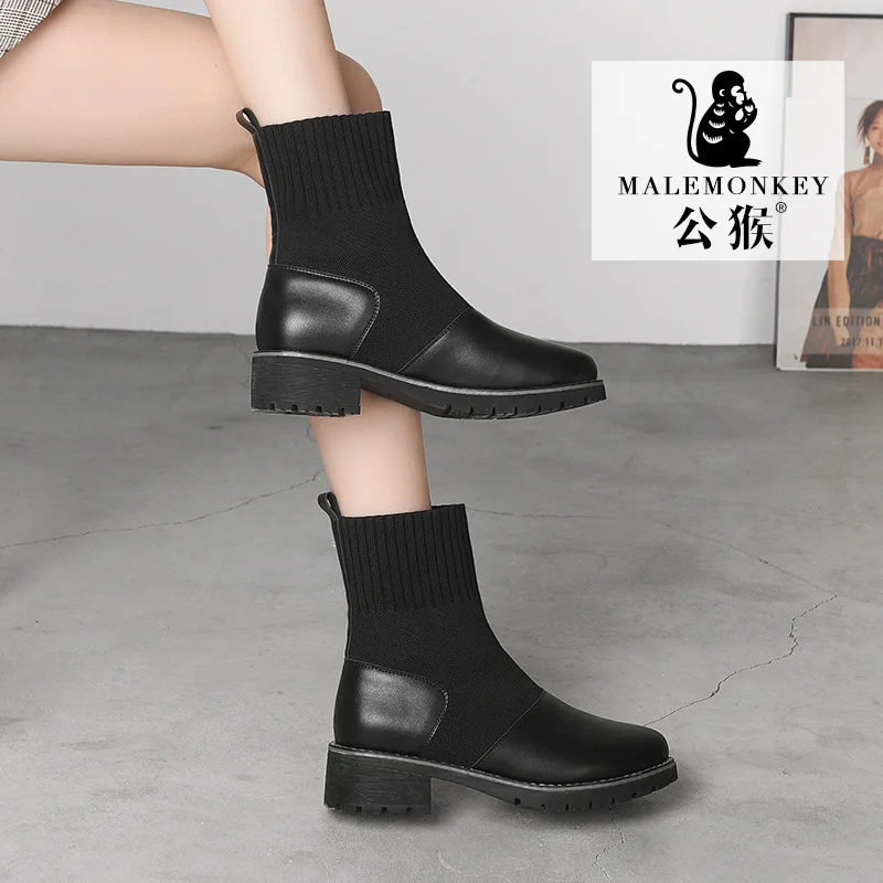 Женские осенние ботинки 2019 дизайнерские Вязаные Черные ботильоны женская