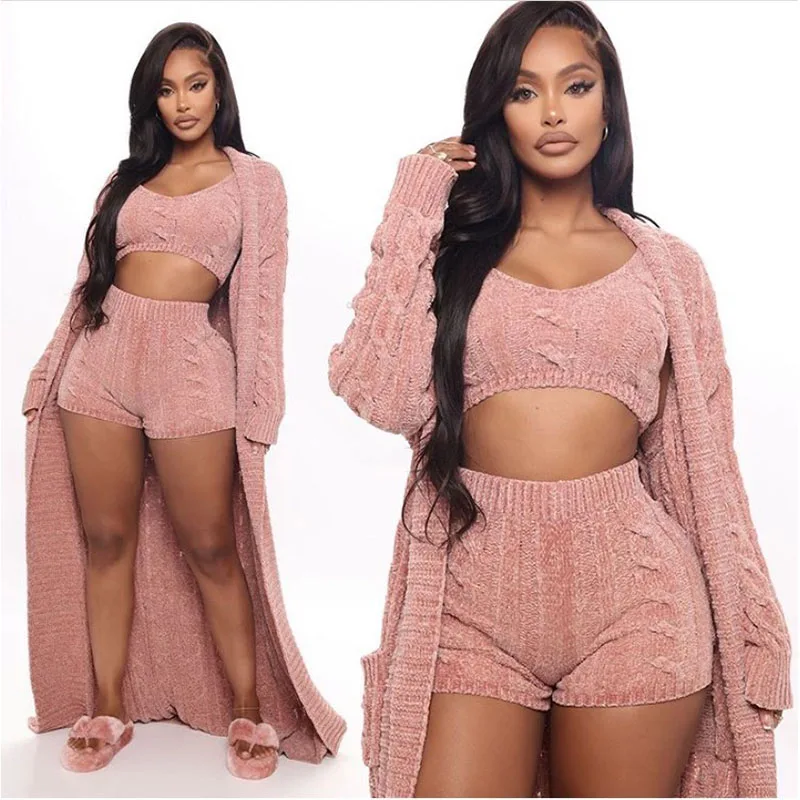 HOUSEOFSD 2022 New Long Cardigan With Bra And Shorts Lady Winter 3 Piece Set Women's Fashion Casual Solid Color Sweater
