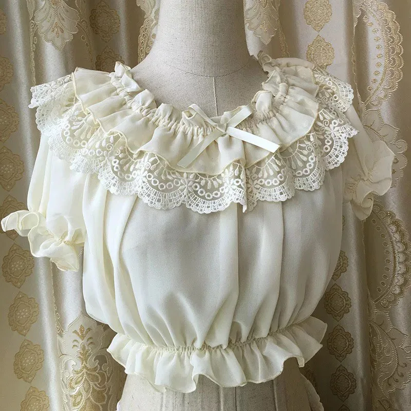 Женская кружевная шифоновая Полупрозрачная блузка с рюшами открытыми плечами