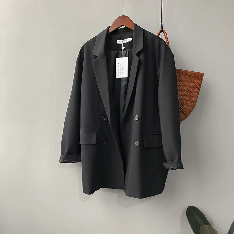 

2021 Autumn New Chic loose show thin leisure double-breasted temperament pure color suit jacket