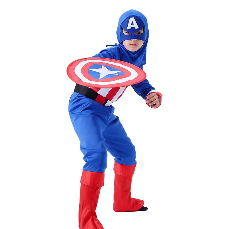 Halloween Cosplay Boys Kid Clothes Captain America Jumpsuit Matching Headgear Shield 3T-8T Carnival Role Play Prom Gown Costume | Детская