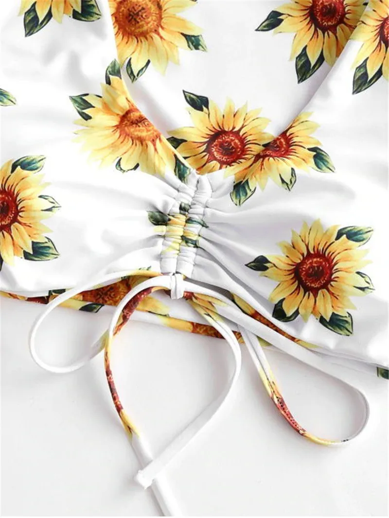 Женский купальник из 3 предметов Бандажное бикини с подсолнухами на шнуровке