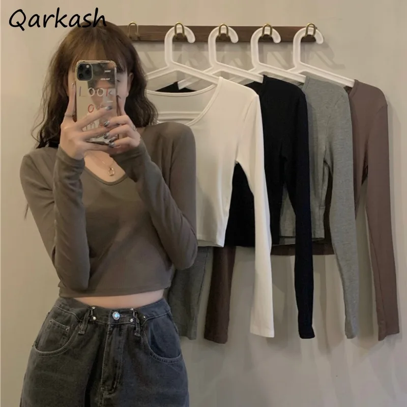 

Long Sleeve T-shirts Women Slim V-neck Cropped 5 Colors All-match Elegant Fit Ulzzang Stylish Ins Solid Simple Basic Popular New