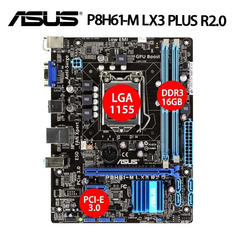 Материнская плата Asus 1155 LX3 PLUS R2.0 DDR3 16 ГБ VGA i7 i5 i3 PCI E P8H61 M б/у Intel H61|Материнские платы|