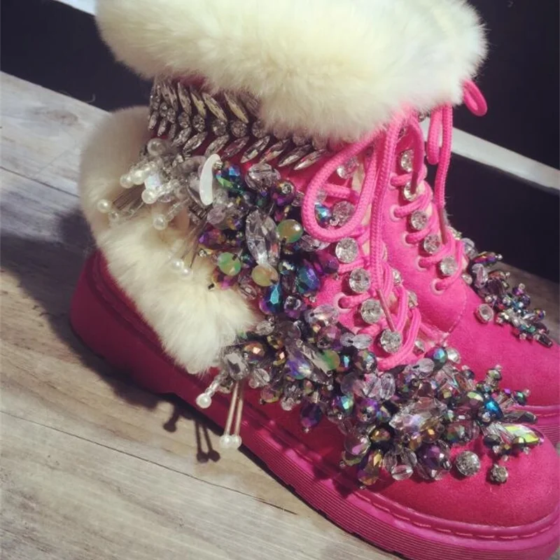 

European station new rhinestone heavy work beaded red beads rabbit fur Martin boots plus velvet booties