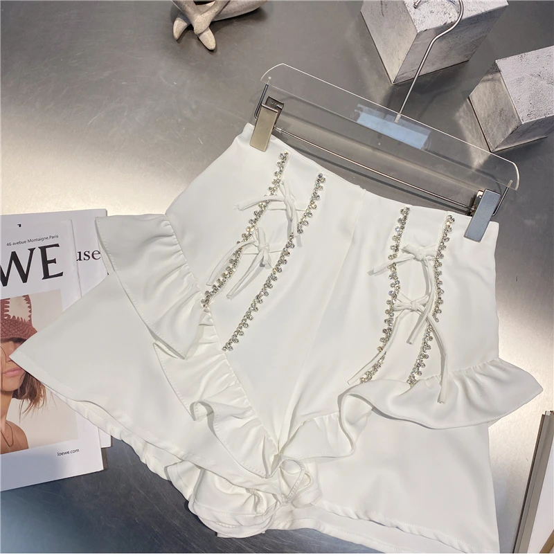 

Faldas Mujer 2021 Summer New Korean Style All-Matching Mini Skirt Rhinestone Ruffled High Waist White High-Waist Chiffon Skirt