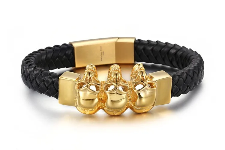 Бренд TrustyLan, черные кожаные мужские браслеты, золотой цвет, браслет из нержавеющей стали, мужские винтажные звенья цепи, череп, мужские повязки на руку