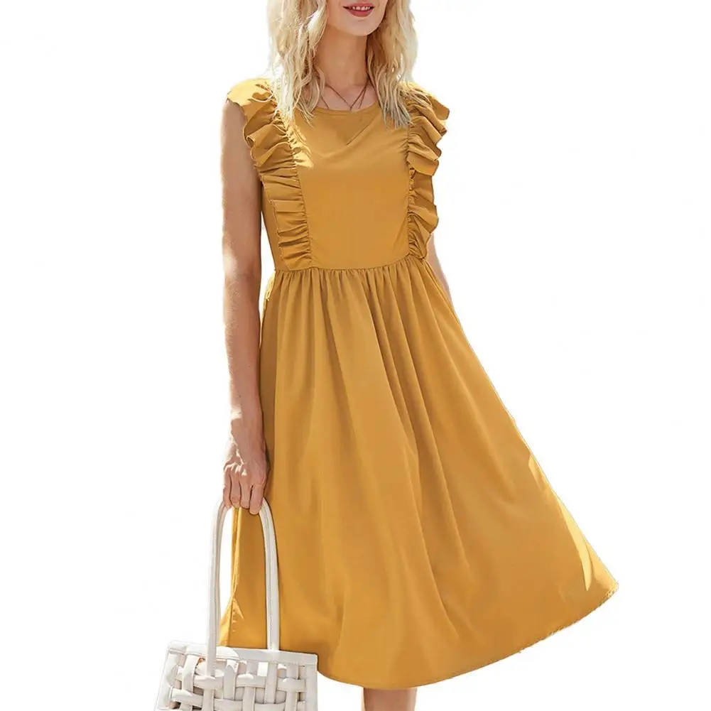 

Summer Women Dress Fashion Casual Loose Exquisite Vintage Stylish Ruffle Sleeveless Slim Lady Dresses Robe Femme