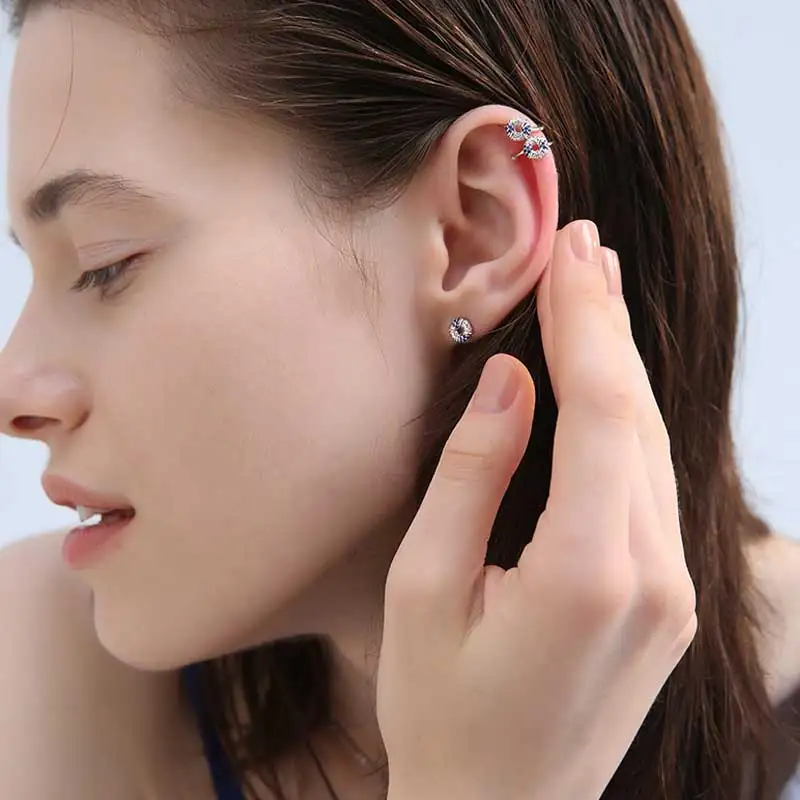 Серебряные серьги клипсы KALETINE с синим камнем без проколов подарок на день