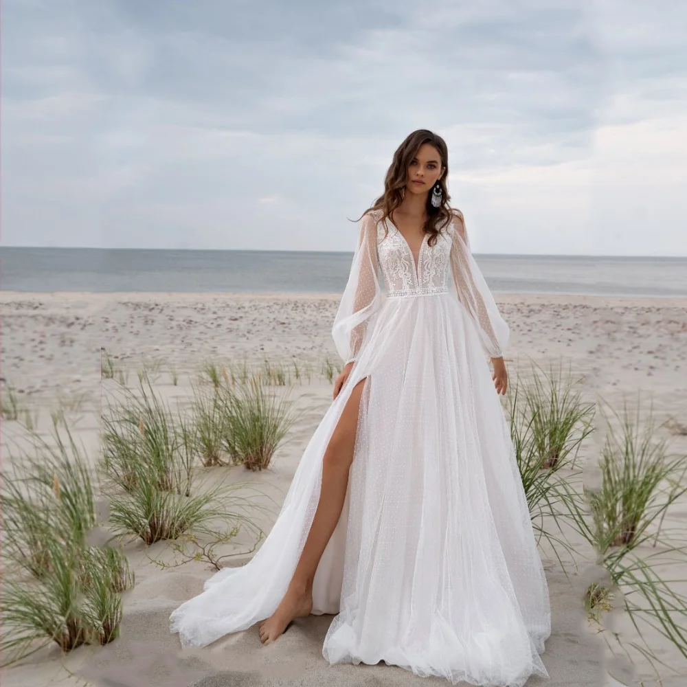 

Spot Tulle Long Puff Sleeves Boho Wedding Dress High Slit Appliques Bridal Gowns A-Line Deep V-Neck Beach Bride Dresses Bohemian