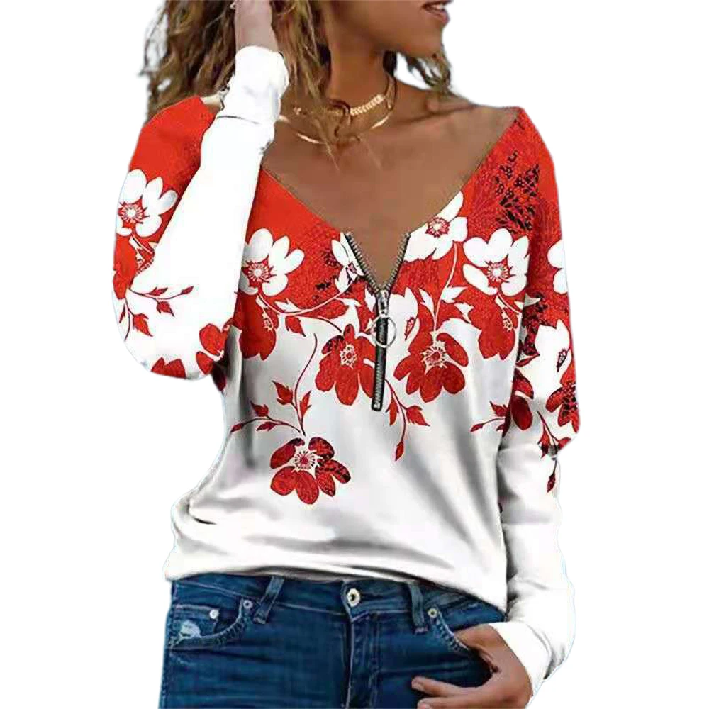

Women Tshirts Floral Printed Zipper V Neck Long Sleeve T-Shirt Vintage Tunic Tops Casual Top 2022 New Spring Womens Clothes