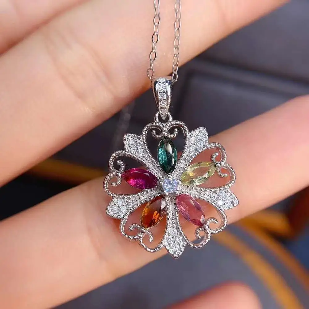 

Natural Tourmaline Candy Color Pendant Necklace S925 Pure Silver Fine Fashion Weddings Jewelry for Women Free Shipping MeiBaPJFS