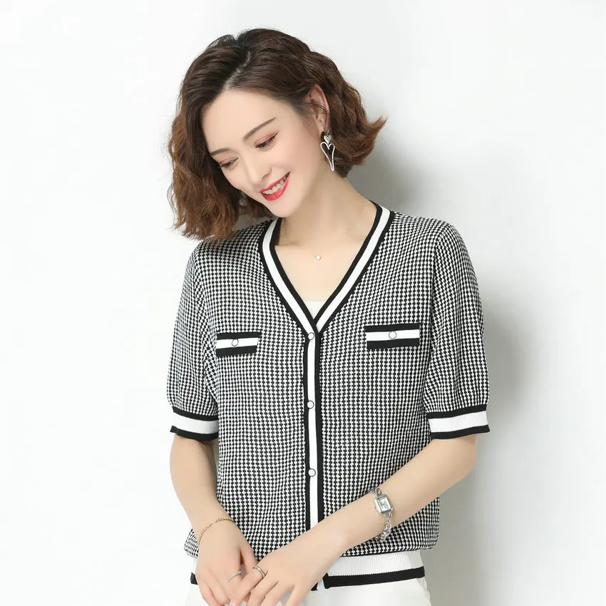 

French Style Women Black White Linen Cardigan Sweater Classical Design Short Sleeve V-Neck Thin Flax Knitwear Spring Summer 2021