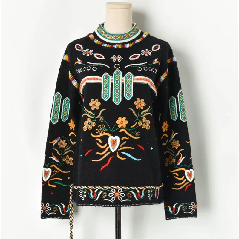 

Роскошный брендовый дизайнерский вязаный пуловер для женщин Винтажный этнический с круглым вырезом вышитый цветок кисточка веревка Свобо...